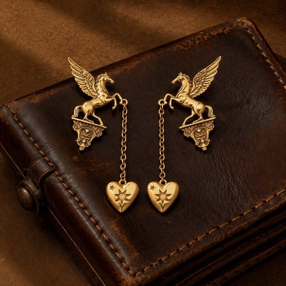 Medieval Earrings Pegasus Winged Horse Antique Gold Arrow Museum Chain VTG Boho